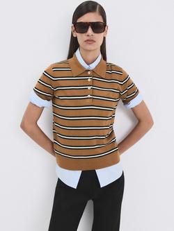 Mango Stripe Knit Polo Shirt, Caramel, Caramel