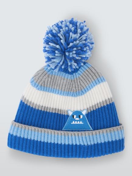 John Lewis Kids' Stripe Monster Bobble Hat, Blue - view 2, Blue