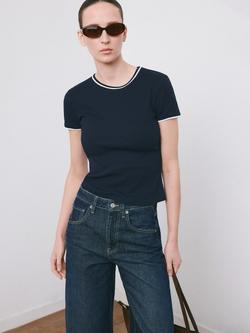 Mango Rib Crew Neck T-Shirt, Navy, Navy