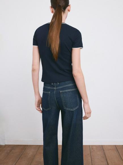 Mango Rib Crew Neck T-Shirt, Navy - view 2, Navy