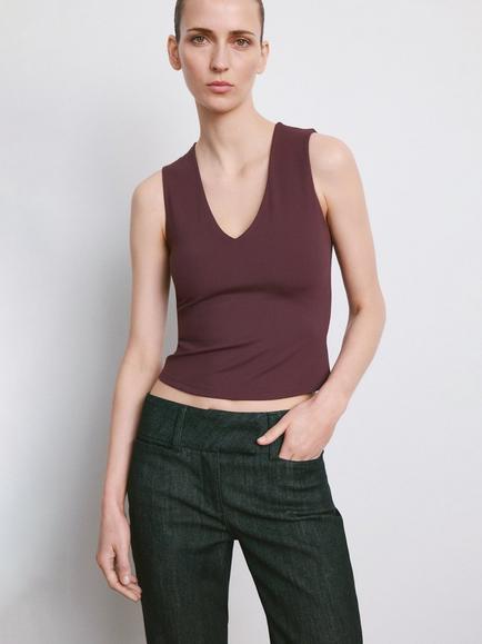 Mango V-Neck Cropped Tank Top, Barodeaux, Bordeaux