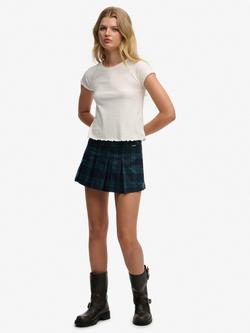 Superdry Tartan Pleated Mini Skorts, Navy/Green, Navy/Green