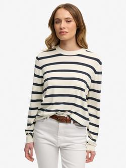 Superdry Lightweight Essential Stripe Jumper, Cream/Navy, Cream/Navy