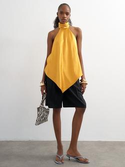 Topshop Backless Halterneck Satin Top, Yellow, Yellow