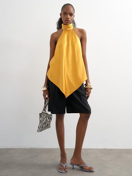Topshop Backless Halterneck Satin Top, Yellow, Yellow