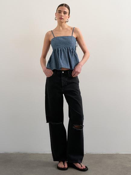Topshop Pinstripe Denim Cami Peplum Top, Blue, Blue