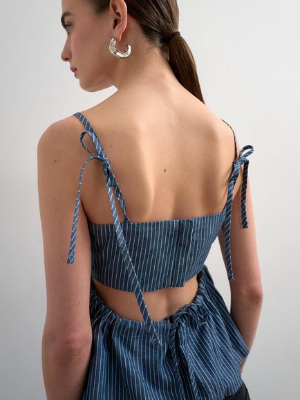 Topshop Pinstripe Denim Cami Peplum Top, Blue - view 2, Blue