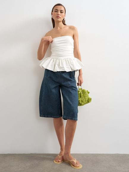 Topshop Ruched Peplum Bandeau Poplin Cotton Blend Top, White, White