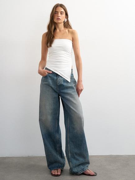 Topshop Ruched Asymmetrical Hem Bandeau Neck, White