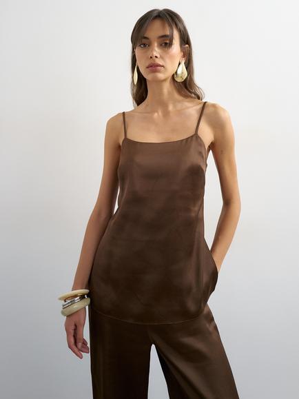 Topshop Satin Clean Square Neck Cami Top, Brown - view 2, Brown