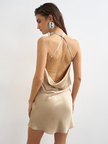 Topshop Halterneck Satin Slip Mini Dress, Champagne - view 2, Champagne