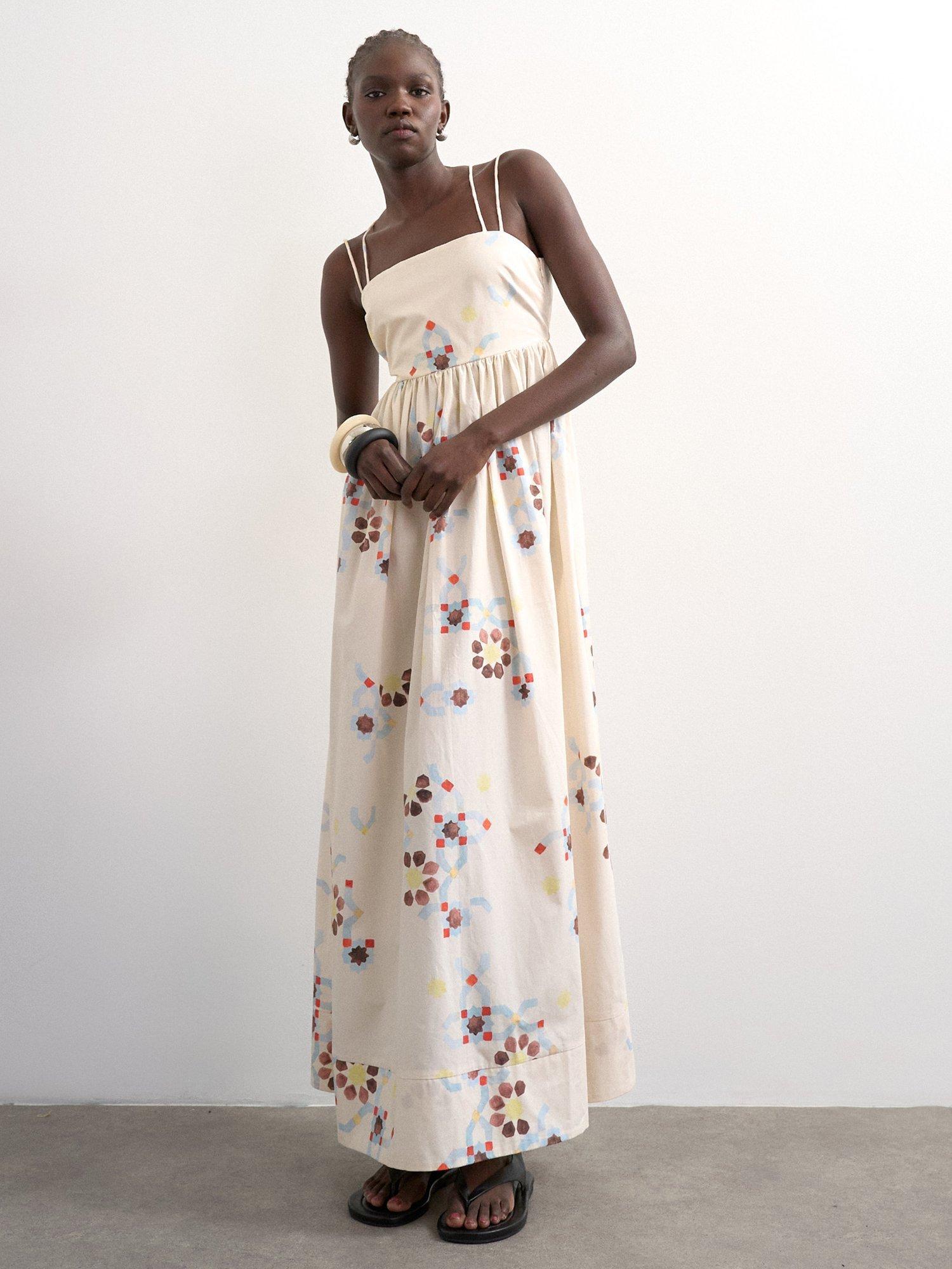 topshop cream dress with flowers Topshop Sleeveless Strappy Mosaic Cotton Maxi Dress, Cream/Multi