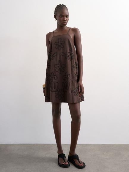 Topshop Sleeveless Cotton Blend Trapeze Mini Dress, Brown, Brown