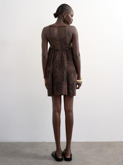 Topshop Sleeveless Cotton Blend Trapeze Mini Dress, Brown - view 2, Brown