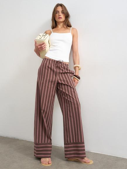 Topshop Drawstring Waist Wide Leg Stripe Cotton Trousers, Brown/Pink, Brown/Pink