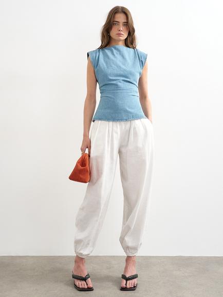 Topshop Boat Neck Cap Sleeve Denim Top, Blue, Blue
