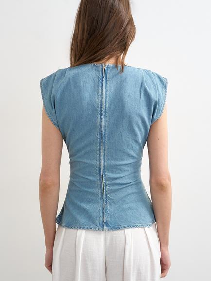 Topshop Boat Neck Cap Sleeve Denim Top, Blue - view 2, Blue