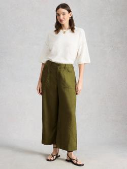 White Stuff Tia Linen Wide Leg Cropped Trousers, Green, Green