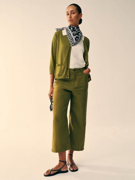 White Stuff Tia Linen Wide Leg Cropped Trousers, Green, Green