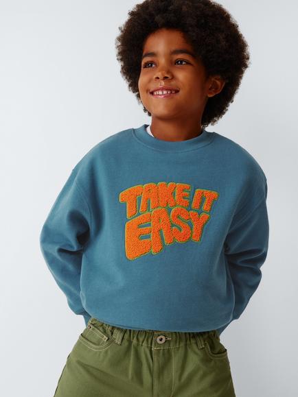 John Lewis Kids' Takie It Easy Embroidered Swetshirt, Blue Fusion/Pumpk, Blue Fusion/ Pumpk