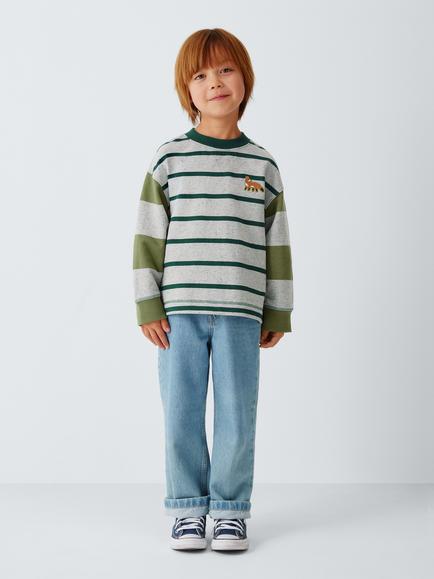 John Lewis Kids' Mixed Stripe Sweatshirt, Grey/Olive - view 2, Grey/ Olivine