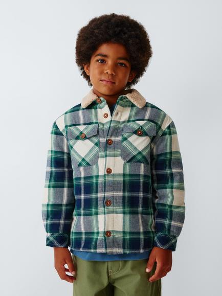 John Lewis Kids' Fleece Collar Check Shacket, Blue, Blue