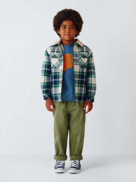 John Lewis Kids' Fleece Collar Check Shacket, Blue - view 2, Blue