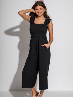 Pour Moi Frill Detail Cotton Slub Crop Leg Jumpsuit, Black, Black