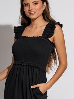 Pour Moi Frill Detail Cotton Slub Crop Leg Jumpsuit, Black - view 2, Black