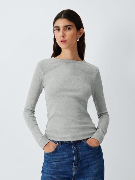 AND/OR Pure Cotton Long Sleeve Crew Neck Ribbed Top, Grey