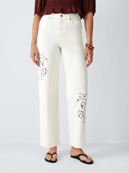 AND/OR Mid Rise Cutwork Cotton Denim Jeans, Ecru, Ecru