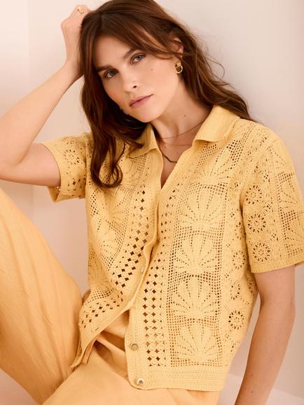 Mint Velvet Shell Crochet Short Sleeve Shirt, Yellow, Yellow