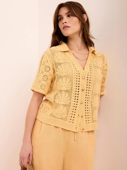 Mint Velvet Shell Crochet Short Sleeve Shirt, Yellow - view 2, Yellow