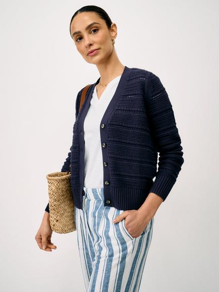 Crew Clothing V-Neck Raised Stitch Cardigan, Navy Blue, Navy Blue
