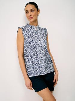 Crew Clothing Mila Frill Sleeve Printed Blouse, Navy Blue, Navy Blue