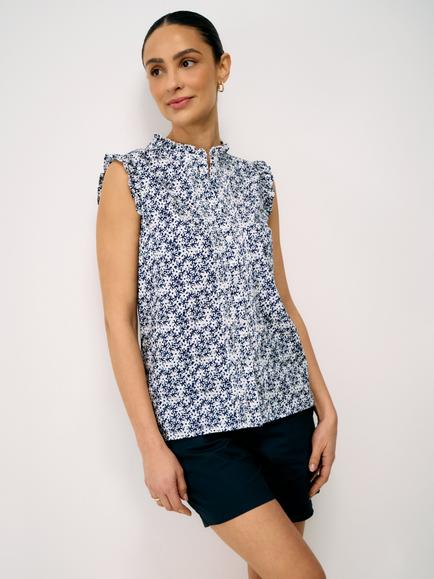 Crew Clothing Mila Frill Sleeve Printed Blouse, Navy Blue, Navy Blue
