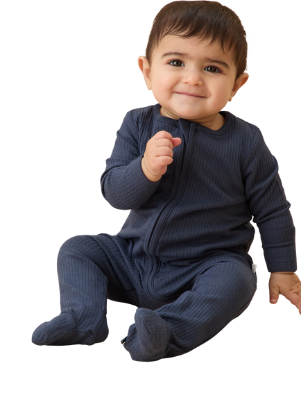 MORI Baby Bamboo Blend Ribbed Clever Zip Sleepsuit - view 2, Navy
