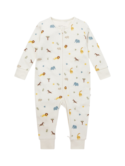 MORI Baby Safari Zip-Up Sleepsuit, Cream/Multi, Cream/Multi