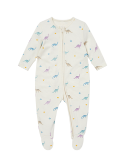 MORI Baby Dino Print Clever Zip Sleepsuit, Cream, Cream