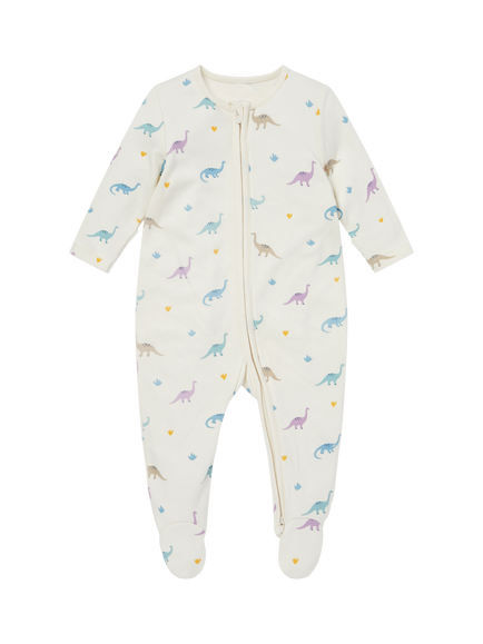 MORI Baby Dino Print Clever Zip Sleepsuit, Cream, Cream