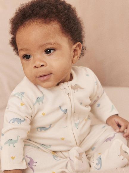 MORI Baby Dino Print Clever Zip Sleepsuit, Cream - view 2, Cream