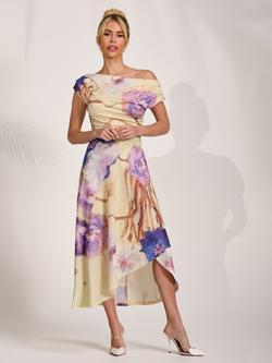 Jolie Moi Cowl Neck Asymmetric Dress, Yellow Floral, Yellow Floral