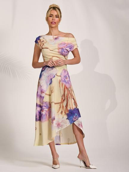 Jolie Moi Cowl Neck Asymmetric Dress, Yellow Floral, Yellow Floral