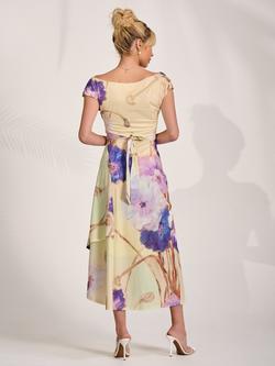 Jolie Moi Cowl Neck Asymmetric Dress, Yellow Floral - view 2, Yellow Floral