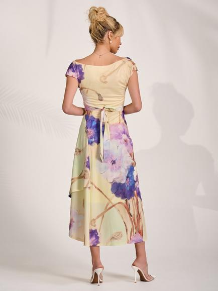 Jolie Moi Cowl Neck Asymmetric Dress, Yellow Floral - view 2, Yellow Floral
