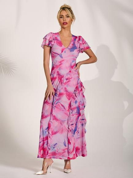 Jolie Moi V-Neck Frill Cap Sleeve Dress, Pink Abstract, Pink Abstract