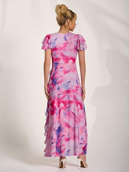 Jolie Moi V-Neck Frill Cap Sleeve Dress, Pink Abstract - view 2, Pink Abstract