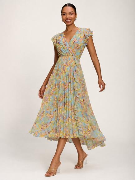 Jolie Moi Wrap Neck Dip Hem Maxi Dress, Yellow Floral, Yellow Floral
