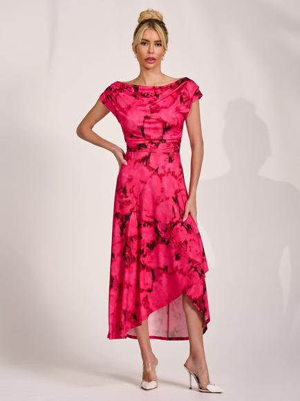 Jolie Moi Cowl Neck Draped Midi Dress, Red Abstract, Red Abstract