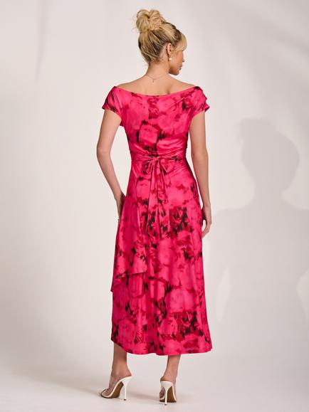 Jolie Moi Cowl Neck Draped Midi Dress, Red Abstract - view 2, Red Abstract